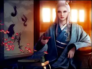 Kimono, Wiśni, Japonka, Kobieta, Kwiat