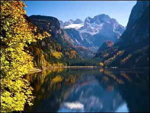 Góry, Jezioro, Jesień, Austria, Lasy, Gosau