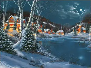 Zima, Jezioro, Domy, Oświetlone, Śnieg