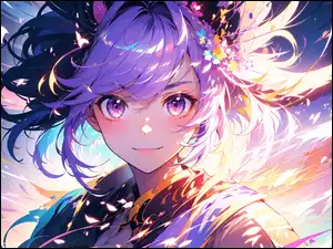 Fiołkowe, Dziewczyna, Kwiaty, Anime, Oczy, Światło