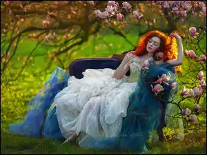 Magnolia, Kobieta, Sad, Krzewy