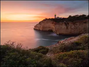 Morze, Wybrzeże, Zachód słońca, Portugalia, Latarnia morska, Skały, Klif