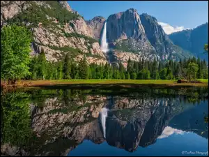 Odbicie, Kalifornia, Rzeka, Wodospad, Drzewa, Park Narodowy Yosemite, Góry, Stany Zjednoczone, Skały