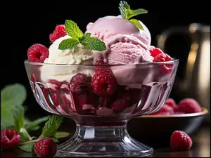 Puchar, Lody, Liście, Grafika, Maliny, Mięta