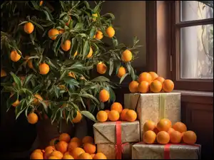 Pomarańcze na prezentach i pod drzewkiem pomarańczowym przy oknie