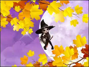 Wiedźma, Grafika, Księżyc, Gałęzie, Halloween
