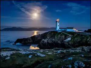 Fanad Head Lighthouse, Morze, Księżyc, Letterkenny, Noc, Latarnia morska, Irlandia, Skały