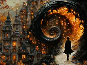 Fantasy, Noc, Latarnia, Droga, Kobieta, Oświetlone, Domy, Grafika, Spirala