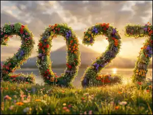 2027, AI, Nowy Rok, Kwiaty, Cyfry