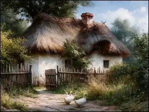 Gęsi, Wiejska, Płot, Wieś, Chata, Drzewa, Grafika AI, Strzecha