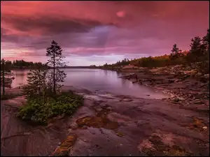 Karelia, Jezioro, Tęcza, Rosja, Drzewa, Skały, Ładoga