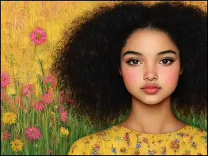 Włosy, Kwiaty, Kręcone, Kobieta, Afro