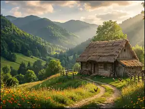 Kwiaty, Lasy, Łąka, Drzewa, Ścieżka, Dolina, Dom, Góry, Ogrodzenie