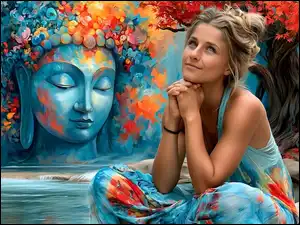 Mural, AI, Drzewo, Kobieta, Budda