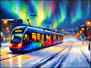 Tramwaj, Zorze polarna, Latarnie, Zima, Domy, Śnieg