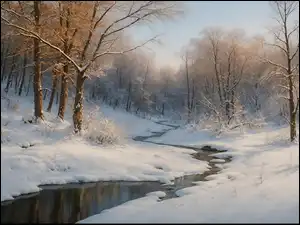 Drzewa, Śnieg, Las, Zima, Strumień