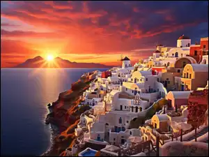 Domy, Zachód słońca, Santorini, Grecja, Morze