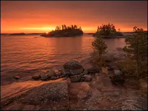 Karelia, Jezioro, Skały, Rosja, Zachód słońca, Drzewa, Ładoga